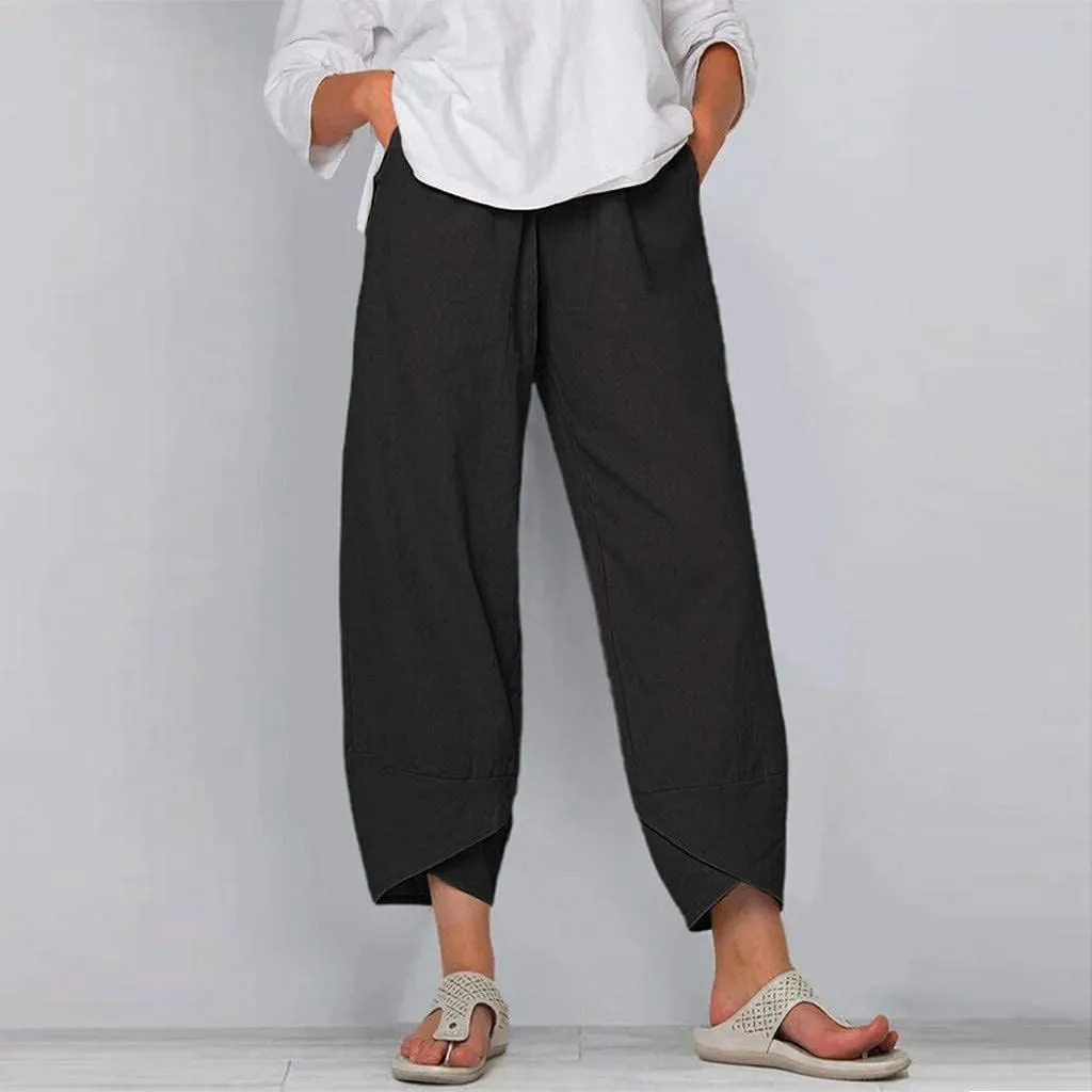 Womens Linen Pants Summer Casual Capri Pants with Pockets Palazzo Cropped Comfy Baggy Trousers High Waisted
