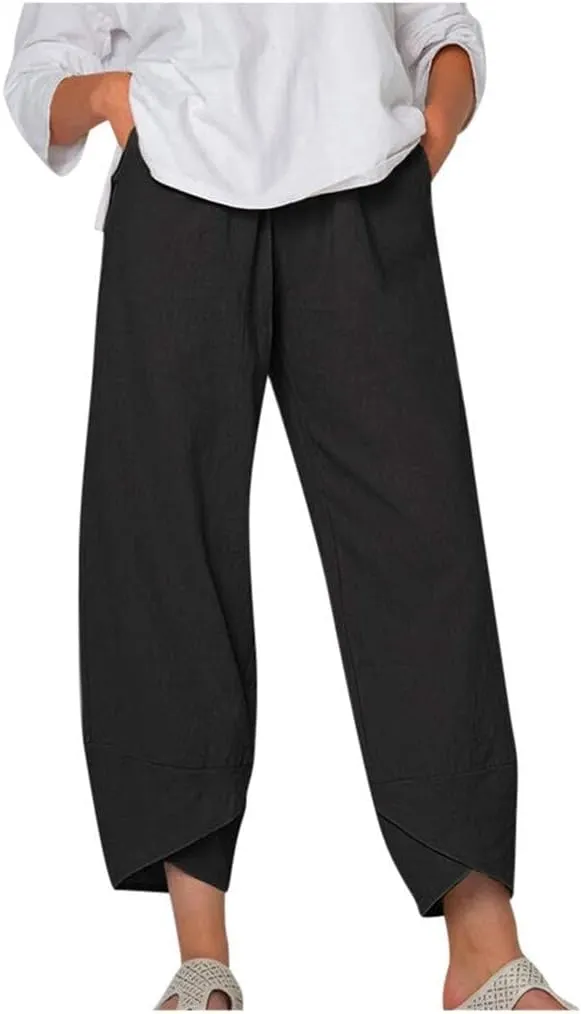 Womens Linen Pants Summer Casual Capri Pants with Pockets Palazzo Cropped Comfy Baggy Trousers High Waisted