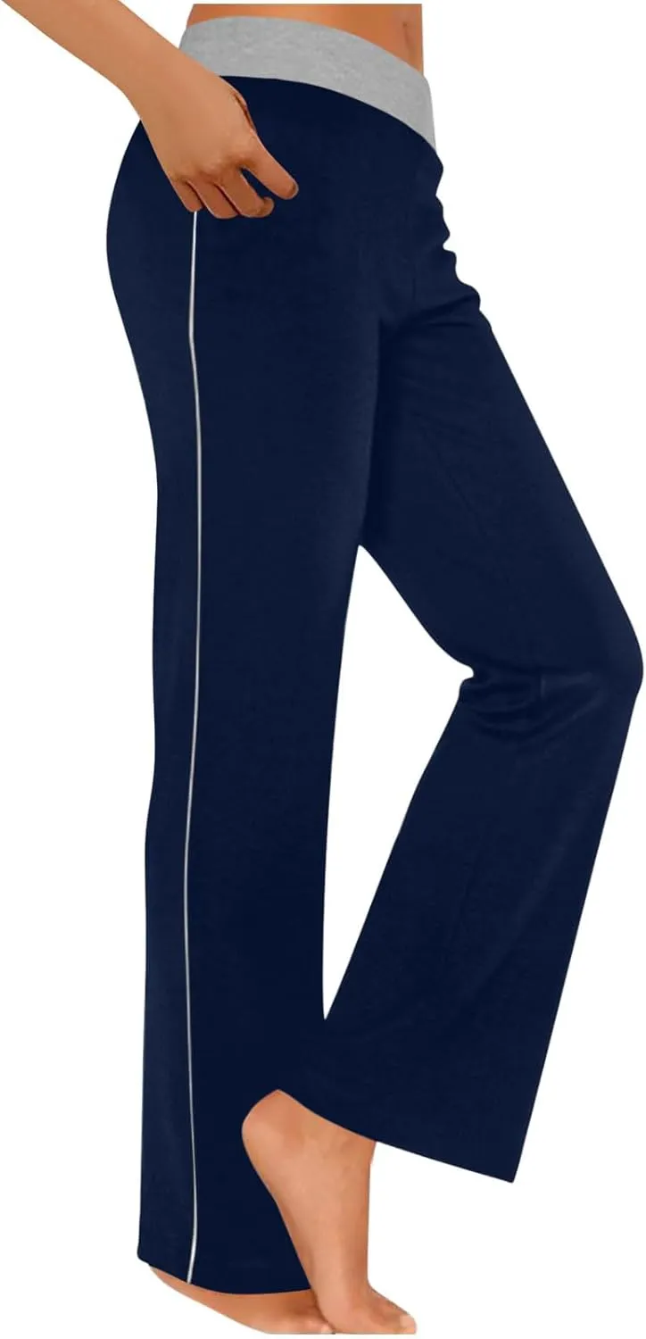 Womens Summer Sporting Pants Color Blocked Elastic Waisted Straight Leg Loose Breathable Lounge Trousers with Pockets