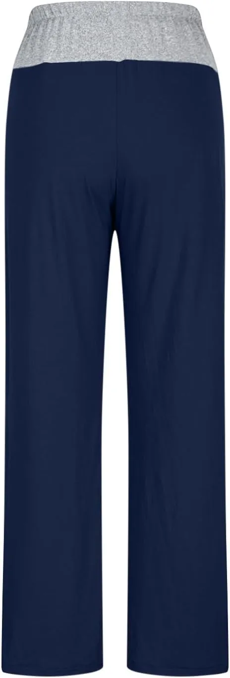 Womens Summer Sporting Pants Color Blocked Elastic Waisted Straight Leg Loose Breathable Lounge Trousers with Pockets