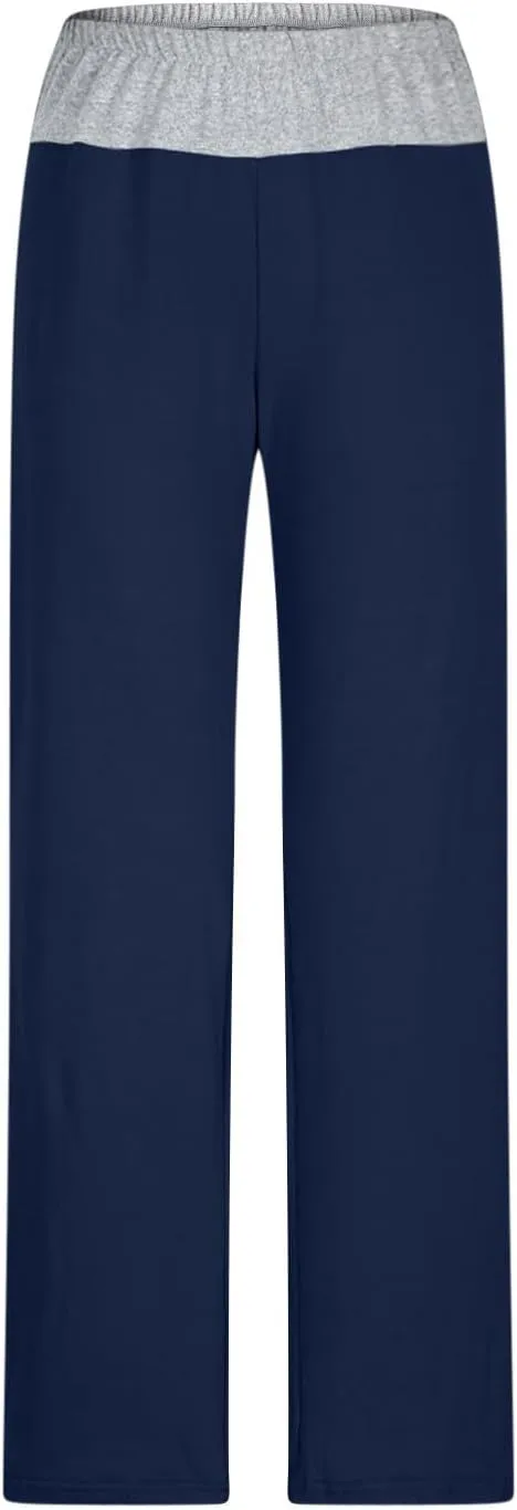 Womens Summer Sporting Pants Color Blocked Elastic Waisted Straight Leg Loose Breathable Lounge Trousers with Pockets