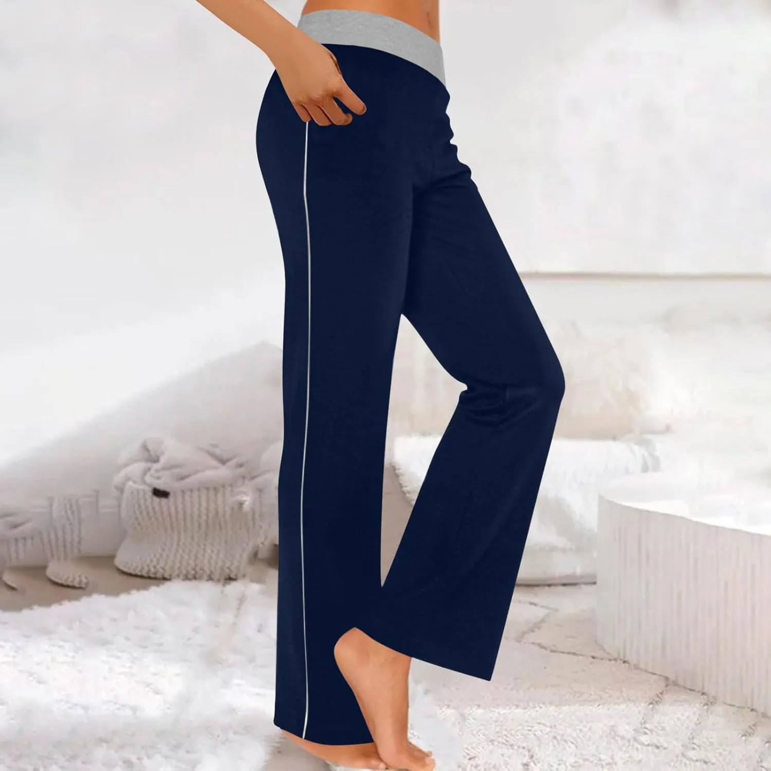 Womens Summer Sporting Pants Color Blocked Elastic Waisted Straight Leg Loose Breathable Lounge Trousers with Pockets