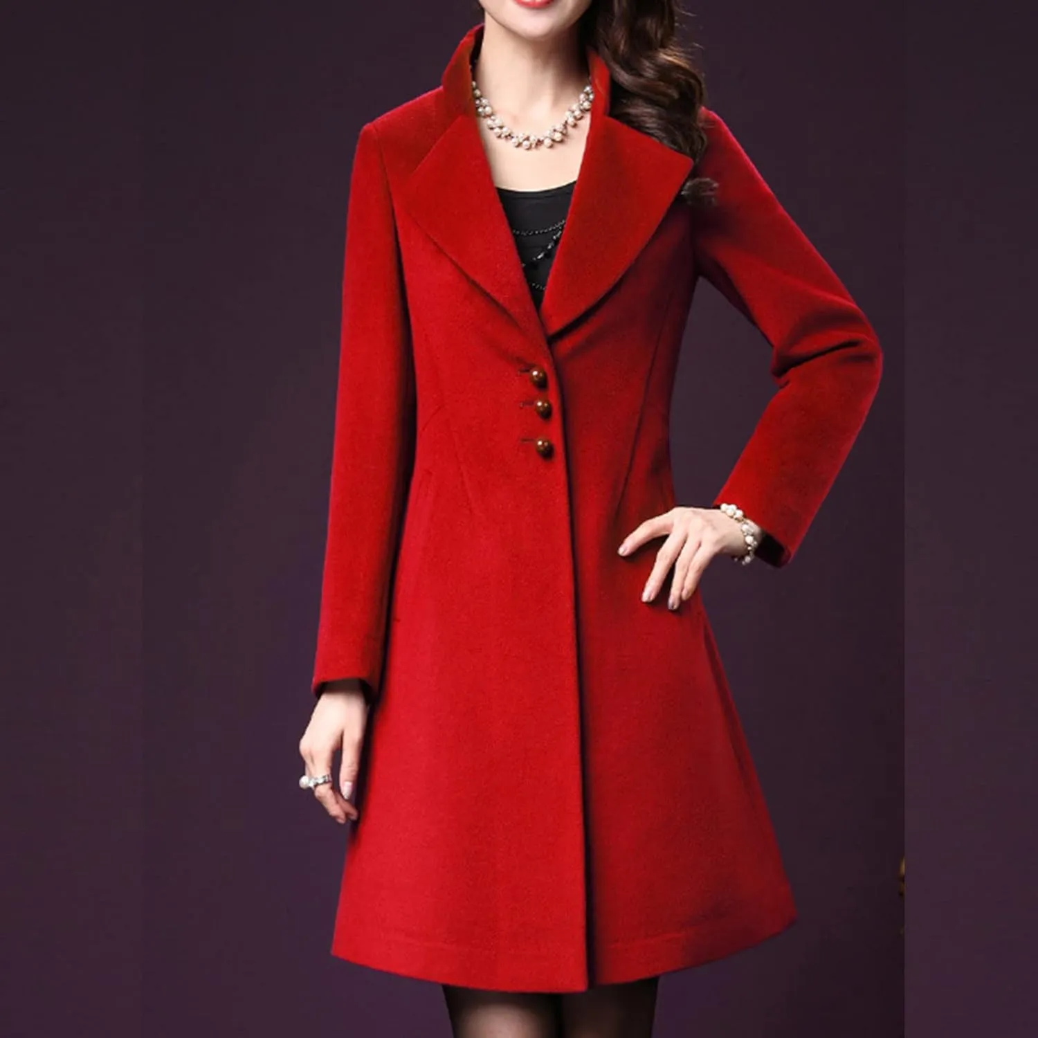 Womens Winter Wool Coats Single Breasted Mid-Long Pea Coats Elegant Notch Lapel Windproof Trench Coat Outwear