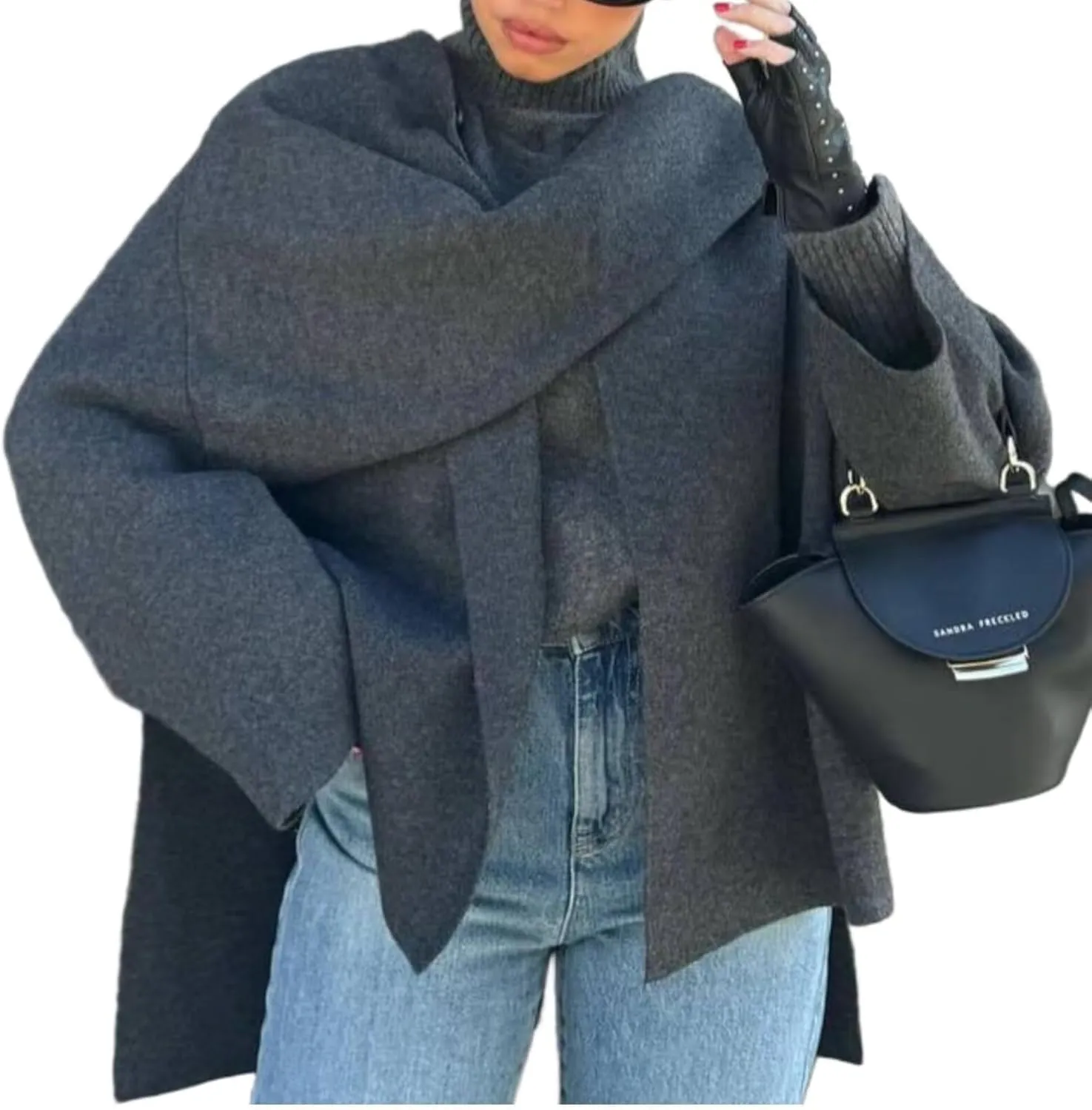 Womens Wool Blend Wrap Trench Coat - Oversized Scarf Jacket