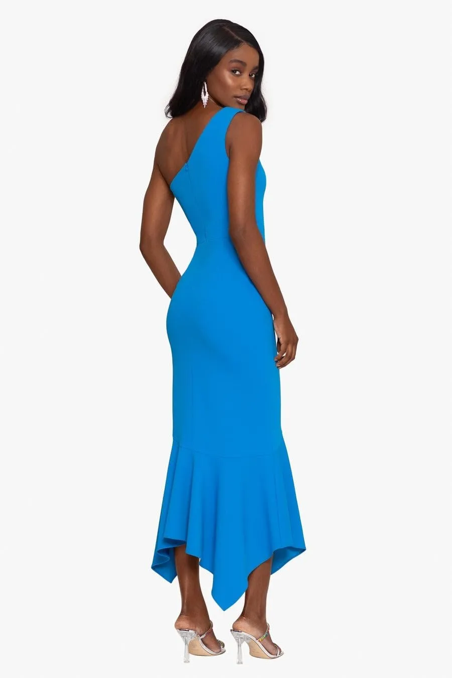 Xscape Women's One Shoulder Ruffle Scuba Crepe Midi Dress
